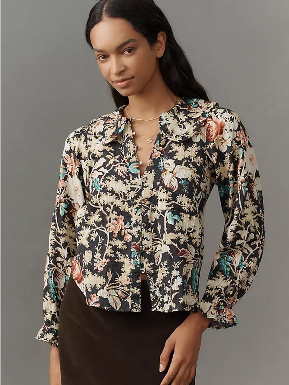 Anthropologie Pilcro Keira Collared Button Front Long Sleeve Blouse Floral Top M